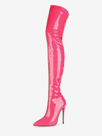 ピンクニーハイブーツ レッド ポインテッドトゥ ジップアップ ブライトレザー ハイヒール サイハイブーツ