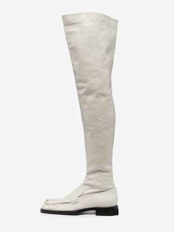 レディース フラット ブーツ メタリック スクエア トゥ オーバー ザ ニー ブーツ ゴールド