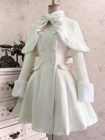 Cappotto classico in lana Lolita con fiocco Soprabito invernale Lolita in pelliccia doppio petto