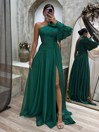 Maxi Prom Dresses One-Shoulder High-Slit Pleated Cocktail Dress In Solid Color