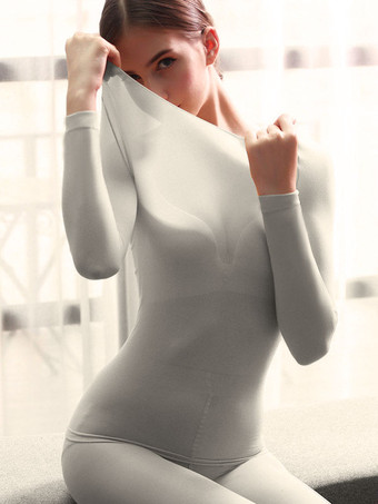 グレイ女性用半透明下着バトーネック長袖ベースレイヤー