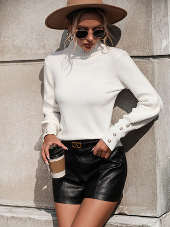 ソリッドカラーセーターハイカラー長袖リブカフスボタンセーター ワインレッド