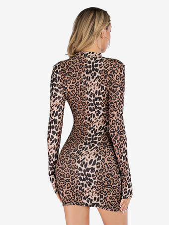 ヒョウ ボディコン セクシー ミニ ラップ ドレス クルーネック 長袖 クラブ ラップ ドレス