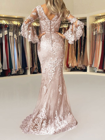 イブニングドレス 長袖 マーメイドライン Vネック パーティードレス サテン ファスナー カメオピンク トレーン付き フォーマルドレス 演奏会ドレス 結婚式 二次会ドレス 発表会 ウェディング