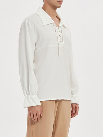 ホワイトヴィンテージシャツ　2025　レースアップ　貴族のスタイル　コットンレトロコスチュームメンズ