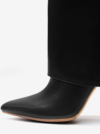 ブラック ポインテッド トゥ フォールドオーバー ニーハイ ブーツ