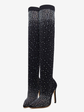 女性のラインストーン スティレット ヒール サイハイ ブーツ