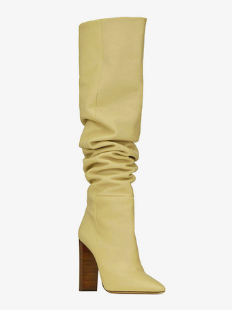 女性スラウチブーツ カーキ ポインテッドトゥ チャンキーヒール ニーハイブーツ