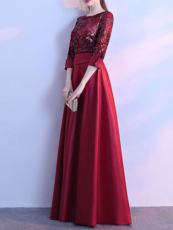 レッド イブニングドレス Aライン ジュエルネック ポリエステル フロアレングス フォーマルディナードレス