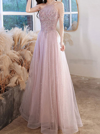 プロムドレス Aライン ホルターレース ノースリーブ ページェントドレス