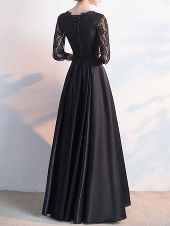 イブニングドレス Aライン ジュエルネック マキシレングス 長袖 レースアップ ライクラスパンデックス 社交パーティードレス