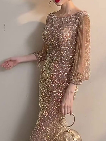 イブニングドレス マーメイド ジュエルネック マキシレングス 長袖 ジッパー スパンコール付き フォーマルパーティードレス