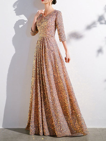 プロムドレス スパンコール Vネック Aライン ハーフスリーブ パーティードレス