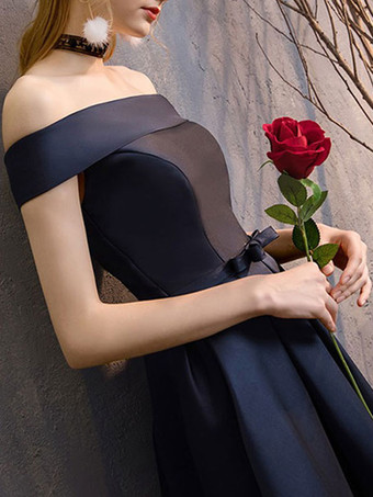 イブニングドレス Aライン バトーネック マキシレングス 半袖 レースアップ ポリエステル フォーマルパーティードレス