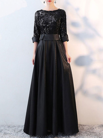 ブラックイブニングドレス Aライン ジュエルネック ポリエステル フロアレングス フォーマルディナードレス