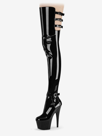 ブラック 女性用サイハイブーツ ヒョウ柄 ラウンドトゥ スティレットヒール PU Birght レザー