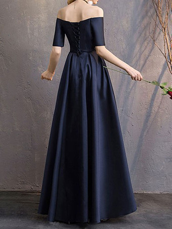 イブニングドレス Aライン バトーネック マキシレングス 半袖 レースアップ ポリエステル 社交パーティードレス