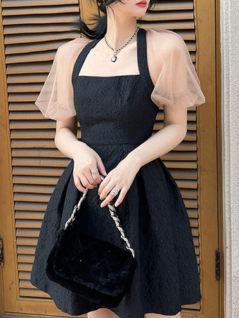 カクテルドレス付き 可憐ショートAライン スクエアネック ジャガード