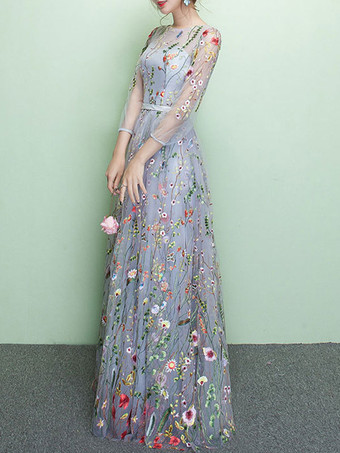 プロムドレス Aライン ジュエルネック レース ハーフスリーブ パーティードレス