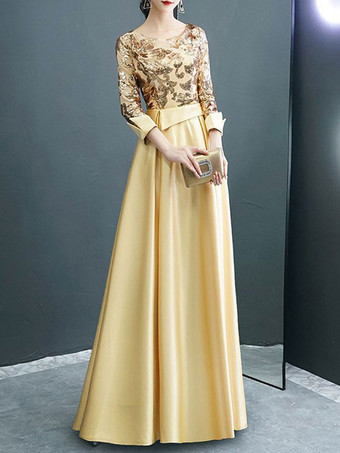 ゴールド イブニングドレス Aライン ジュエルネック ポリエステル フロアレングス フォーマルディナードレス