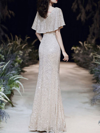 Evening Dress Sheath V-Neck Floor-Length Short Sleeves Zipper Sequined Formal Dinner Dresses