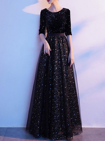 イブニングドレス Aライン ジュエルネック スパンコール マキシレングス 社交パーティードレス