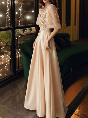 Vestido de fiesta Una línea con cuello en V Encaje Mangas cortas Vestidos de desfile