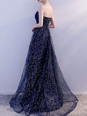 イブニングドレス Aライン ストラップレス マキシレングス ノースリーブ レースアップ レース 社交パーティードレス