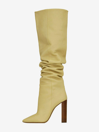 カーキ 女性スラウチブーツ カーキ ポインテッドトゥ チャンキーヒール ニーハイブーツ