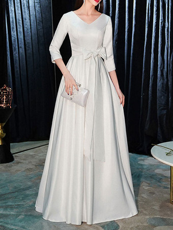 イブニングドレス Aライン Vネック マキシレングス 半袖 ジッパー リボン サテン生地 フォーマルパーティードレス