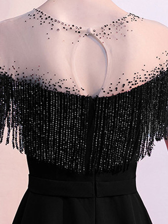 イブニングドレス マーメイド ジュエルネック マキシレングス 半袖 ジッパー フリンジ サテン生地 社交ページェントドレス