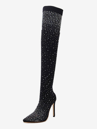 女性のラインストーン スティレット ヒール サイハイ ブーツ