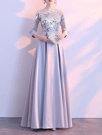 グレイイブニングドレス Aライン ジュエルネック ポリエステル フロアレングス フォーマルディナードレス