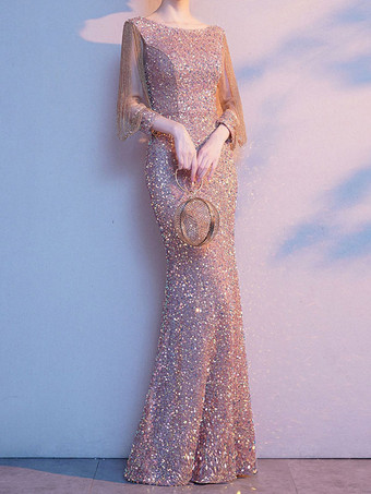 イブニングドレス マーメイド ジュエルネック マキシレングス 長袖 ジッパー スパンコール付き フォーマルパーティードレス