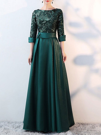 グリーン イブニングドレス Aライン ジュエルネック ポリエステル フロアレングス フォーマルディナードレス