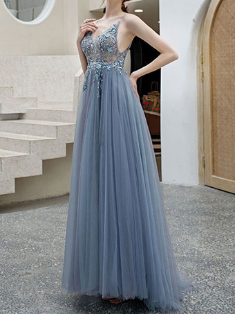 Vestido de fiesta Una línea con cuello en V Vestidos de fiesta sin mangas de tul