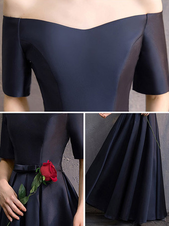 イブニングドレス Aライン バトーネック マキシレングス 半袖 レースアップ ポリエステル 社交パーティードレス