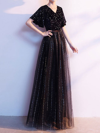 プロムドレス Aライン Vネック レース 半袖 パーティードレス