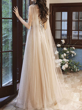 イブニングドレス Aライン Vネック レース マキシレングス フリンジ フォーマルパーティードレス