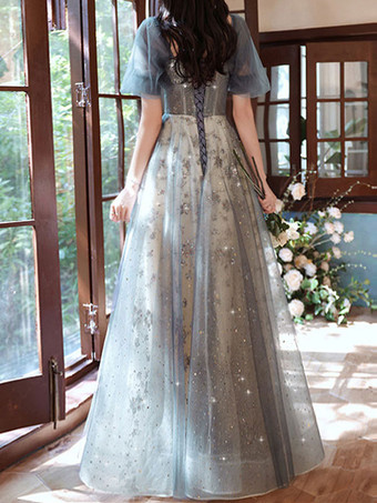 プロムドレス レース スクエアネック Aライン 半袖 ページェントドレス