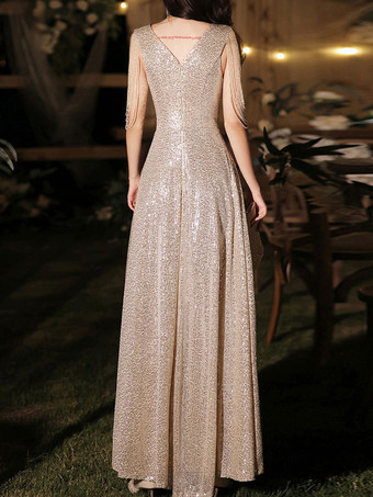 イブニングドレス Aライン Vネック マキシレングス ノースリーブ ジッパー フリンジ スパンコール フォーマルパーティードレス