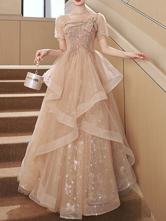 プロムドレス Aライン スクエアネック レース 半袖 パーティードレス