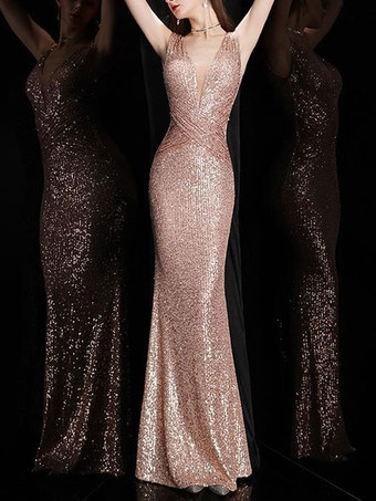 ピンクイブニングドレス マーメイド Vネック マキシレングス ノースリーブ ジッパー ポリエステル フォーマルディナードレス