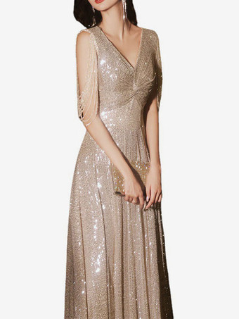 イブニングドレス Aライン Vネック マキシレングス ノースリーブ ジッパー フリンジ スパンコール フォーマルパーティードレス