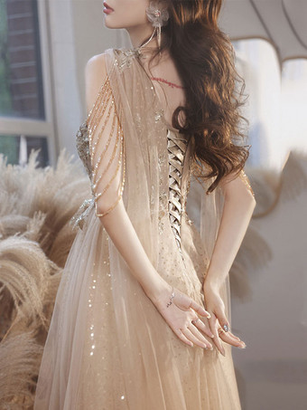 イブニングドレス Aライン Vネック レース マキシレングス フリンジ フォーマルパーティードレス