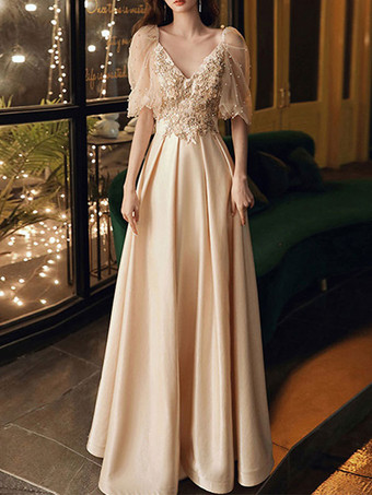 Color champañaVestido de fiesta Una línea con cuello en V Encaje Mangas cortas Vestidos de desfile