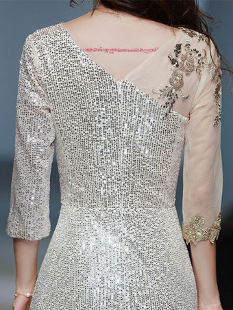 Evening Dress A-Line V-Neck Floor-Length Half Sleeves Zipper Sequined Social Pageant Dresses