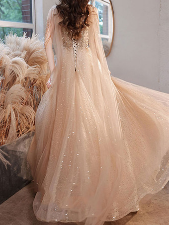 イブニングドレス Aライン Vネック レース マキシレングス フリンジ フォーマルパーティードレス