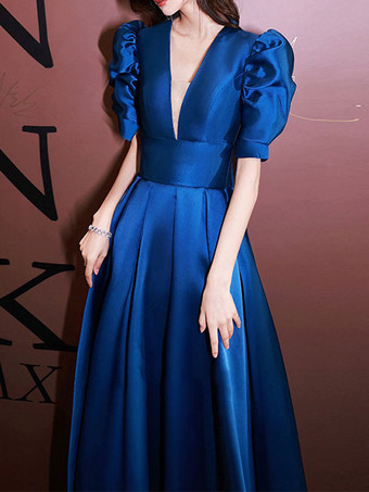 イブニングドレス Aライン Vネック マキシレングス 半袖 ジッパー サテン生地 フォーマルパーティードレス