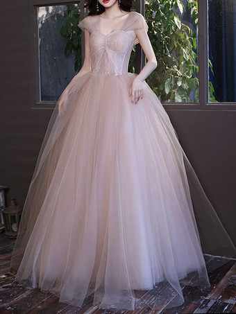 プロムドレス チュール ストラップレス Aライン 半袖 結婚式のゲストドレス